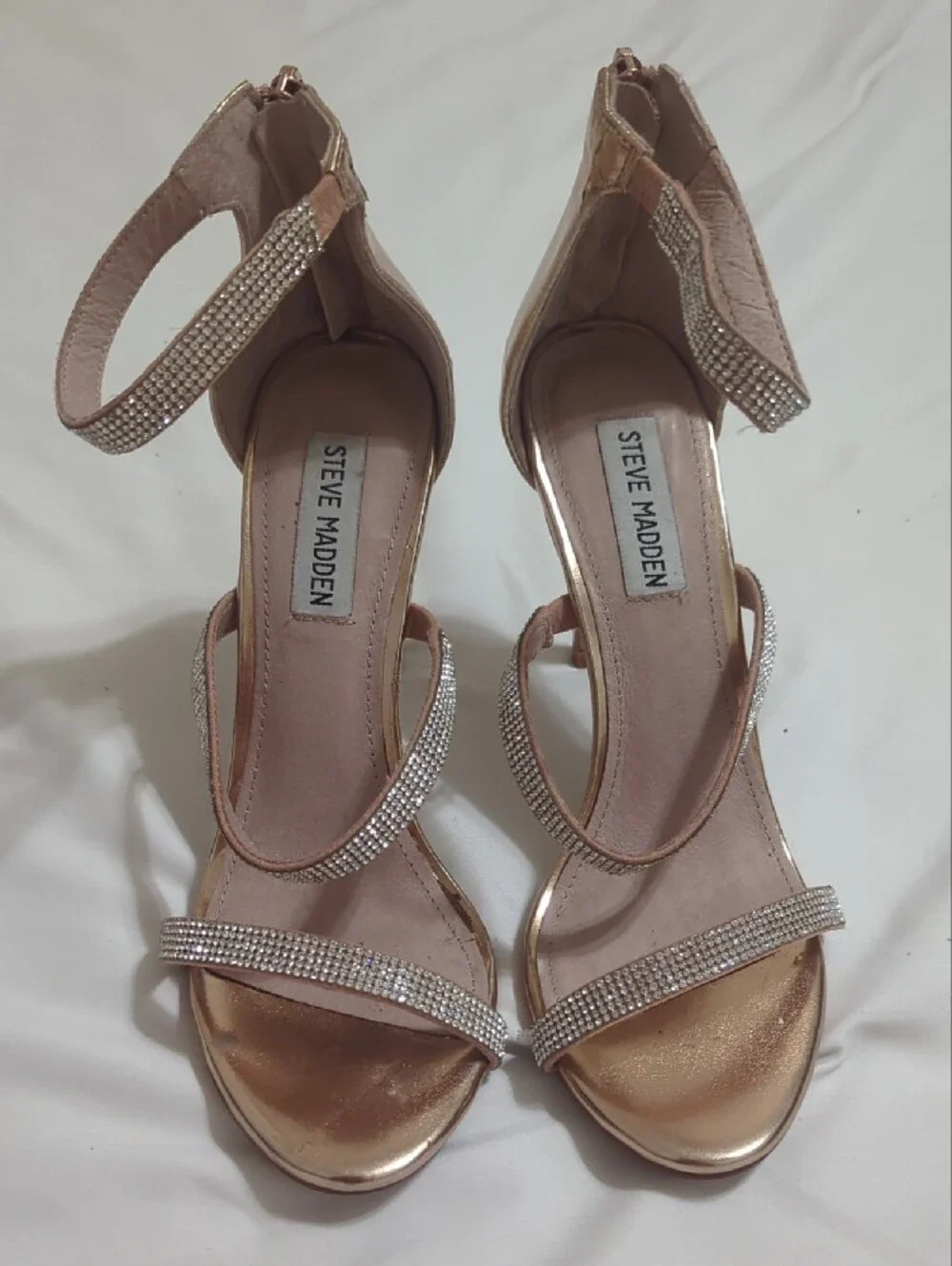 Steve Madden Smokin Rhinestone Ankle Strap Heels, Color Rose Gold Size 6.5